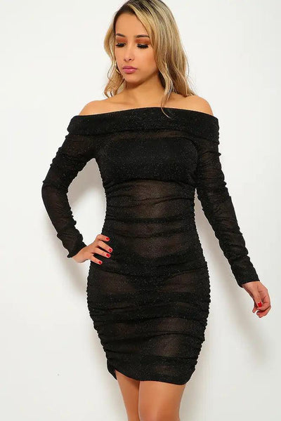 Black Ruched Mesh Off The Shoulder Party Dress - AMIClubwear