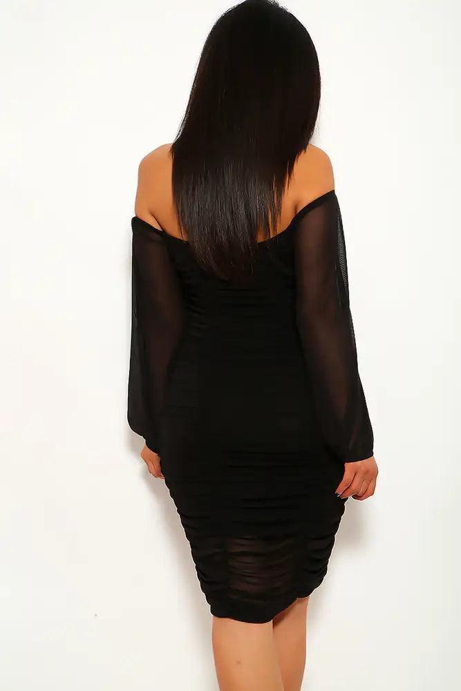 Black Ruched Mesh Off The Shoulder Party Dress - AMIClubwear