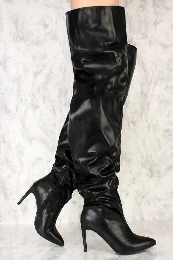 Black Ruched Pointy Toe Thigh High Boots Faux Leather