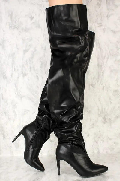 Black Ruched Pointy Toe Thigh High Boots Faux Leather - AMIClubwear