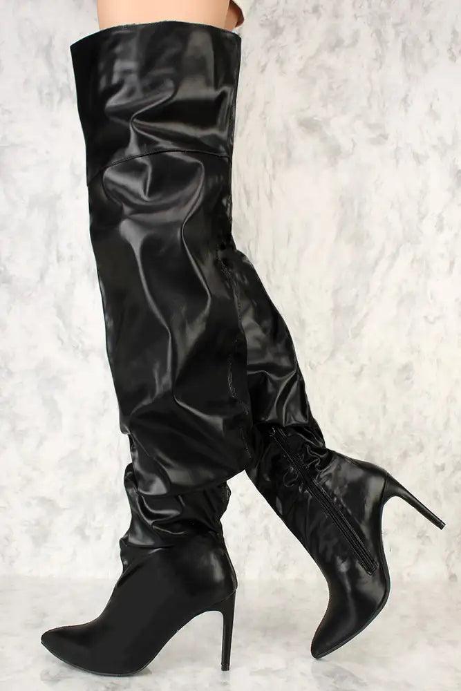 Black Ruched Pointy Toe Thigh High Boots Faux Leather - AMIClubwear