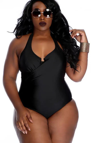 Black Ruched Sexy One Piece Halter Plus Size Swimsuit - AMIClubwear