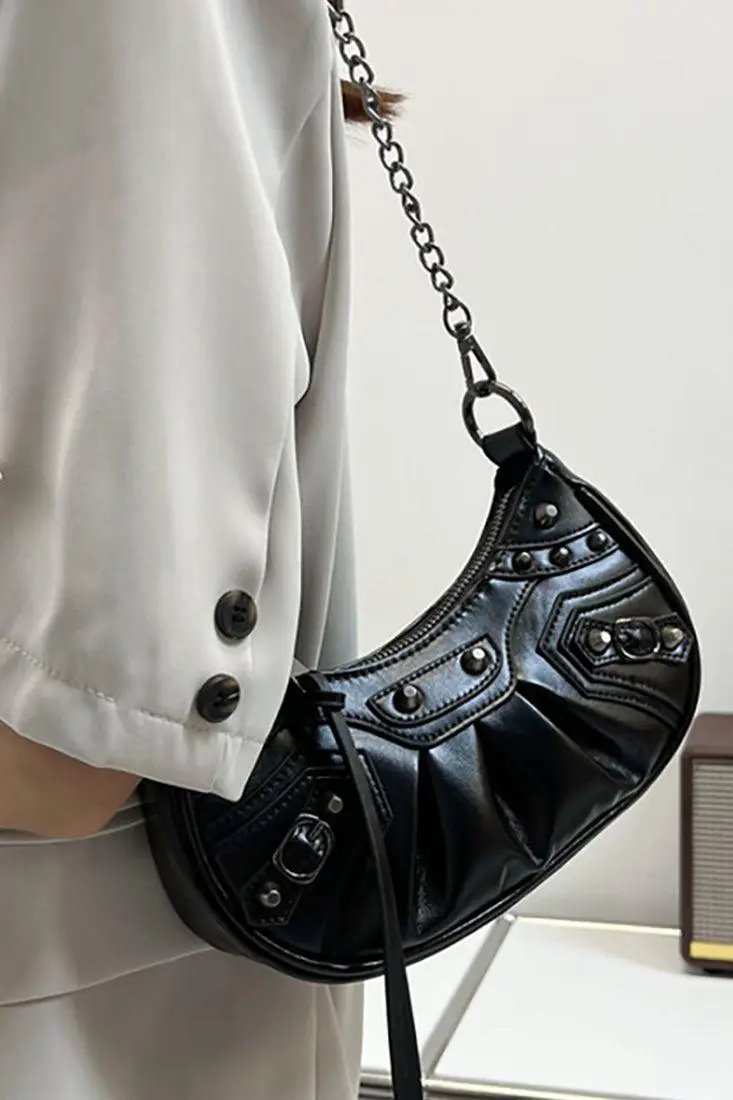 Black Ruched Silver Chain Shoulder Handbag