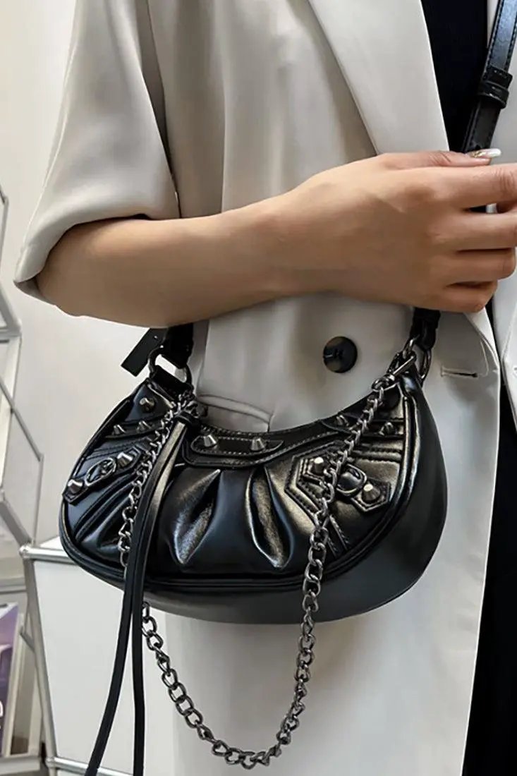 Black Ruched Silver Chain Shoulder Handbag