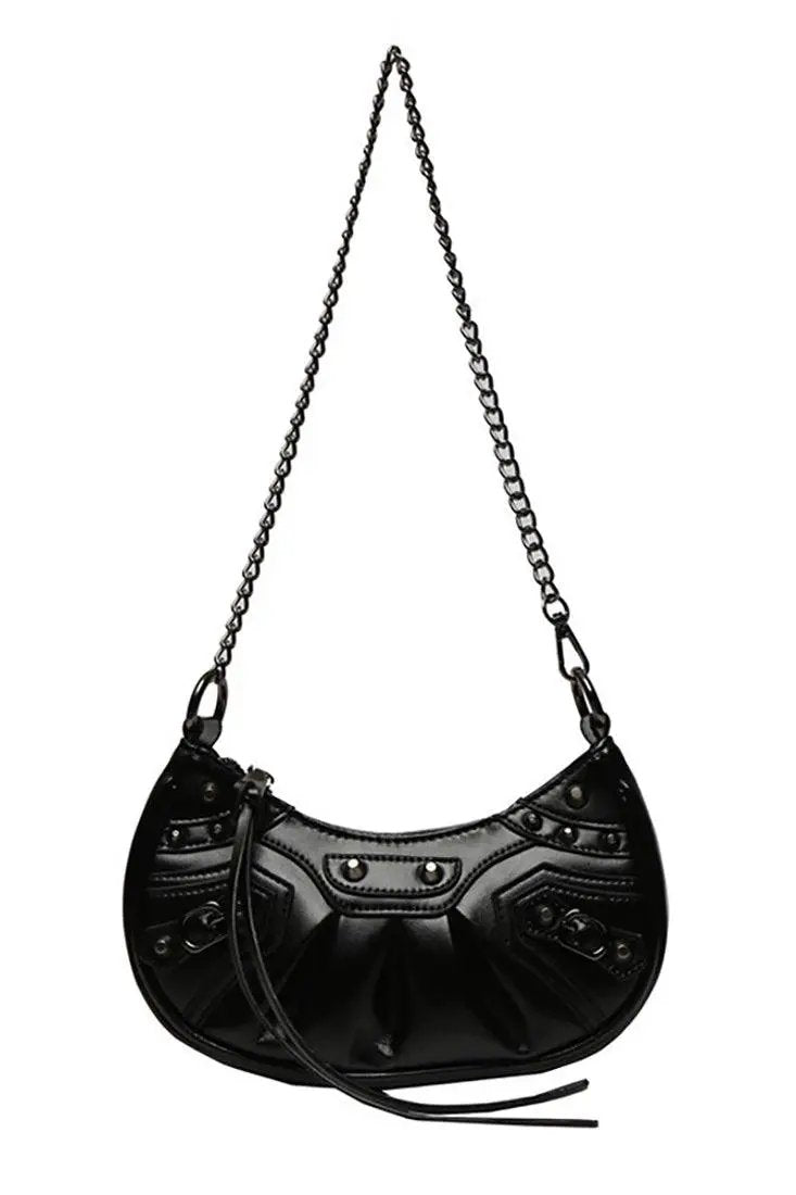 Black Ruched Silver Chain Shoulder Handbag