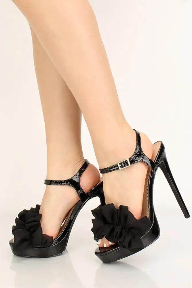 Black Ruffle Detail Open Toe High Heels - AMIClubwear