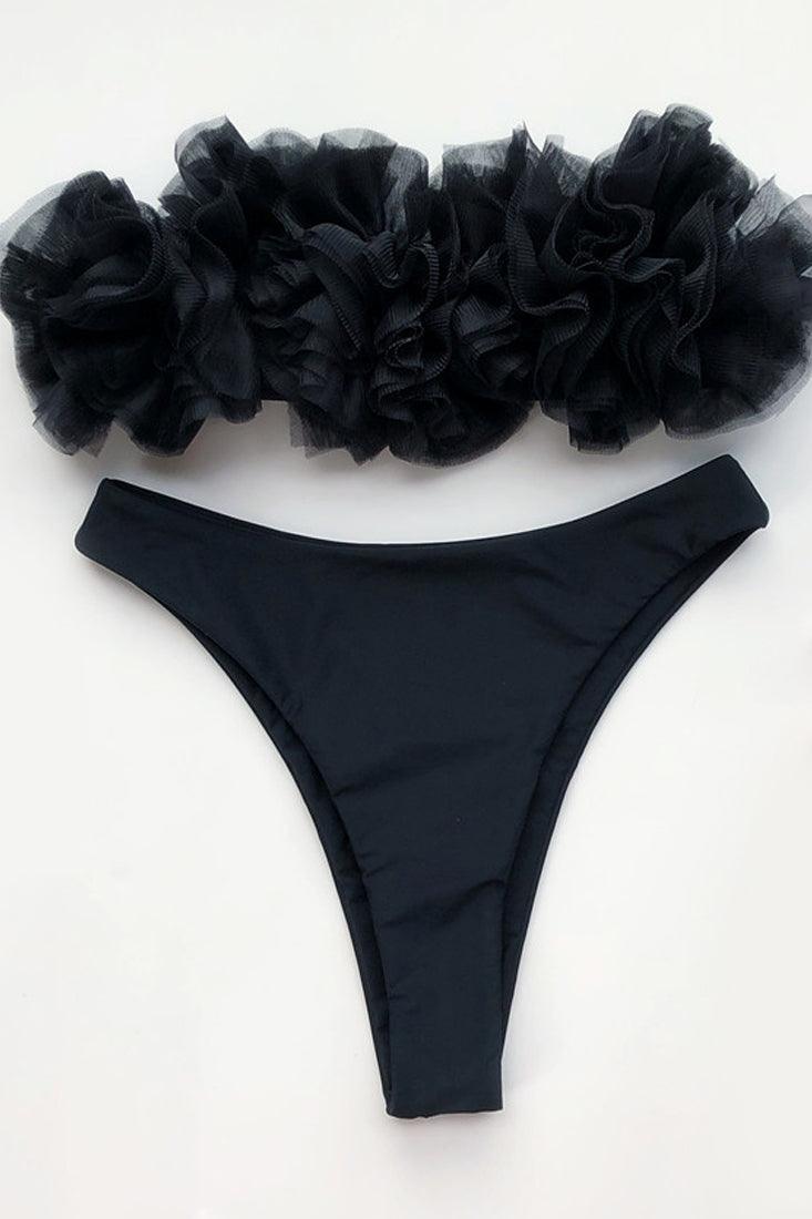 Black Ruffle Mesh Bandeau & High Waisted Bottom 2 Pc Swimsuit - AMIClubwear