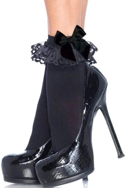 Black Ruffle Satin Bow Ankle Socks - AMIClubwear