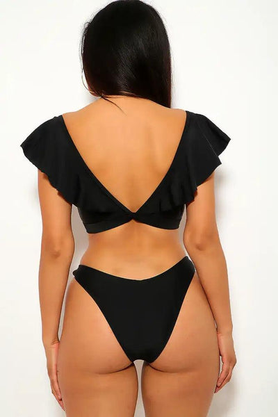 Black Ruffled Belted Two Piece Bikini - AMIClubwear