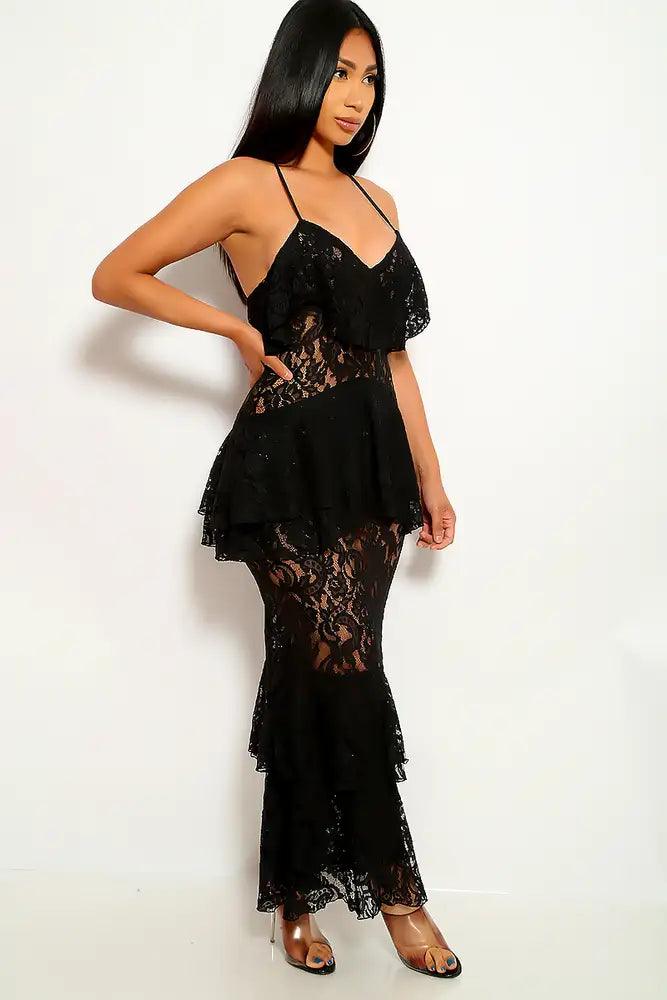 Black Ruffled Crochet Party Dress - AMIClubwear