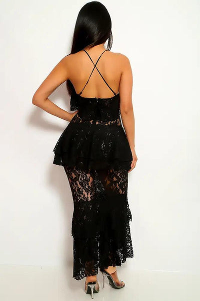 Black Ruffled Crochet Party Dress - AMIClubwear