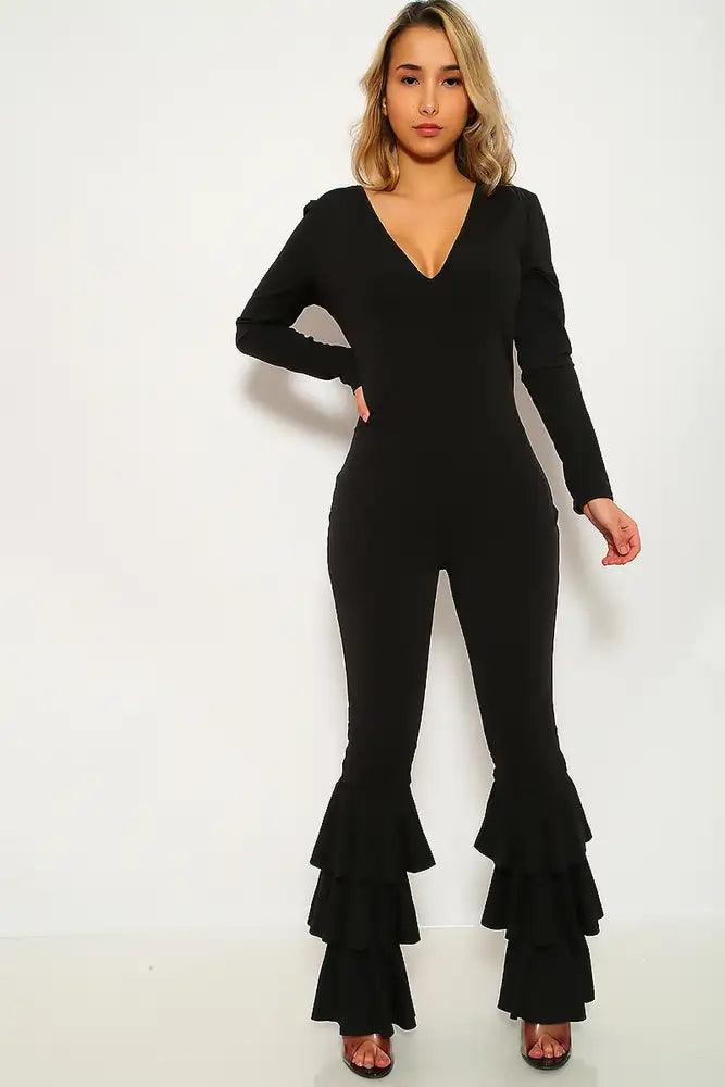 Black Ruffled Long Sleeve Jumpsuit - AMIClubwear