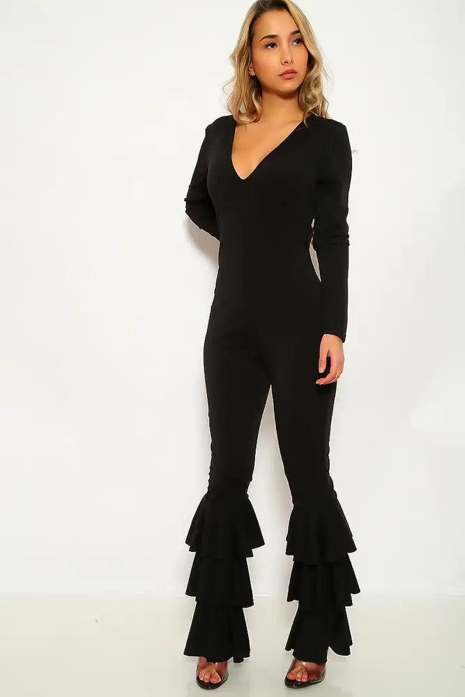 Black Ruffled Long Sleeve Jumpsuit - AMIClubwear