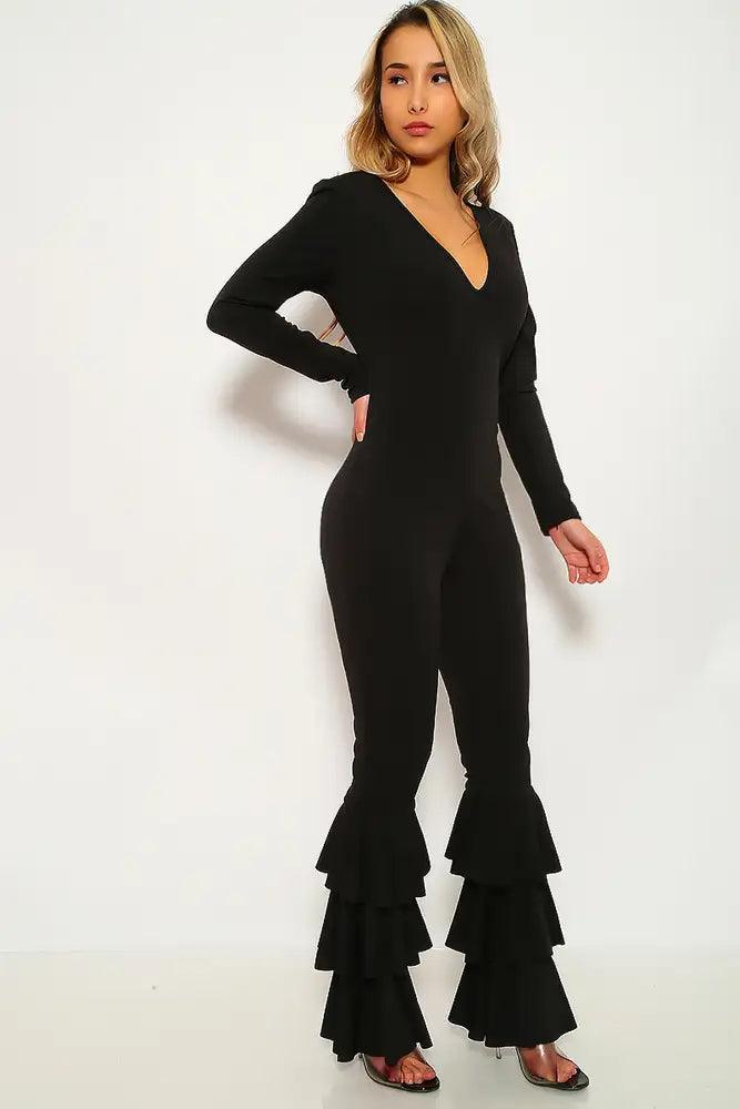 Black Ruffled Long Sleeve Jumpsuit - AMIClubwear