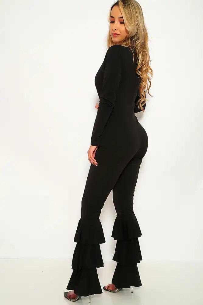 Black Ruffled Long Sleeve Jumpsuit - AMIClubwear