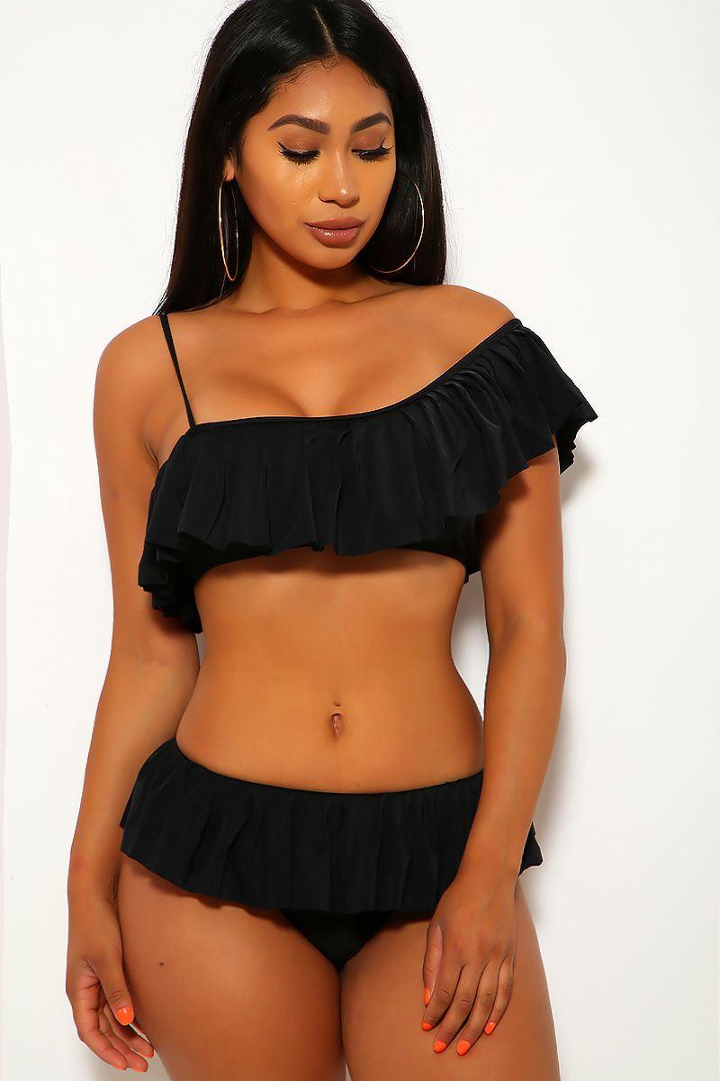 Black Ruffled One Shoulder Two Piece Swimsuit - AMIClubwear