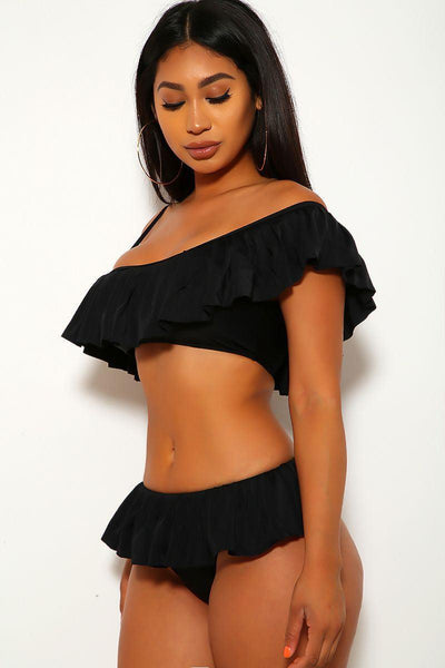 Black Ruffled One Shoulder Two Piece Swimsuit - AMIClubwear