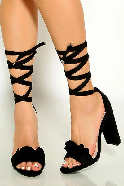 Black Ruffled Open Toe Wrap Around Chunky High Heels - AMIClubwear