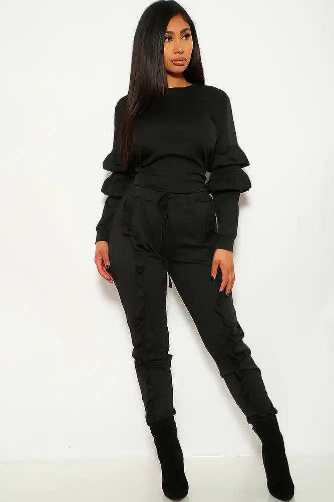 Black Ruffled Plus Size Two Piece Outfit - AMIClubwear