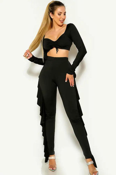 Black Ruffled Ruched Two Piece outfit - AMIClubwear