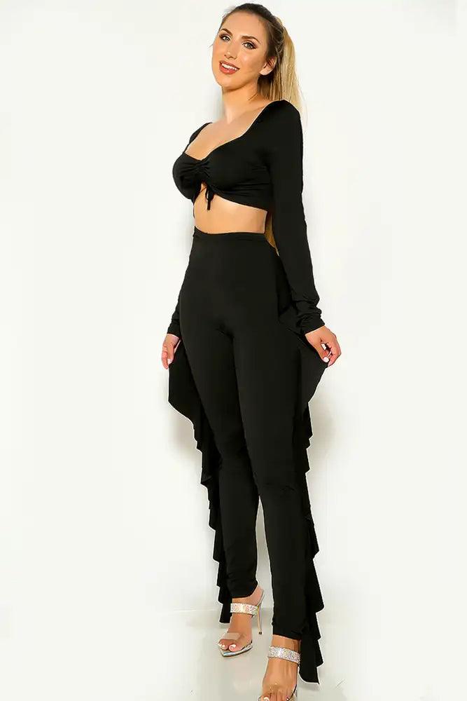 Black Ruffled Ruched Two Piece outfit - AMIClubwear