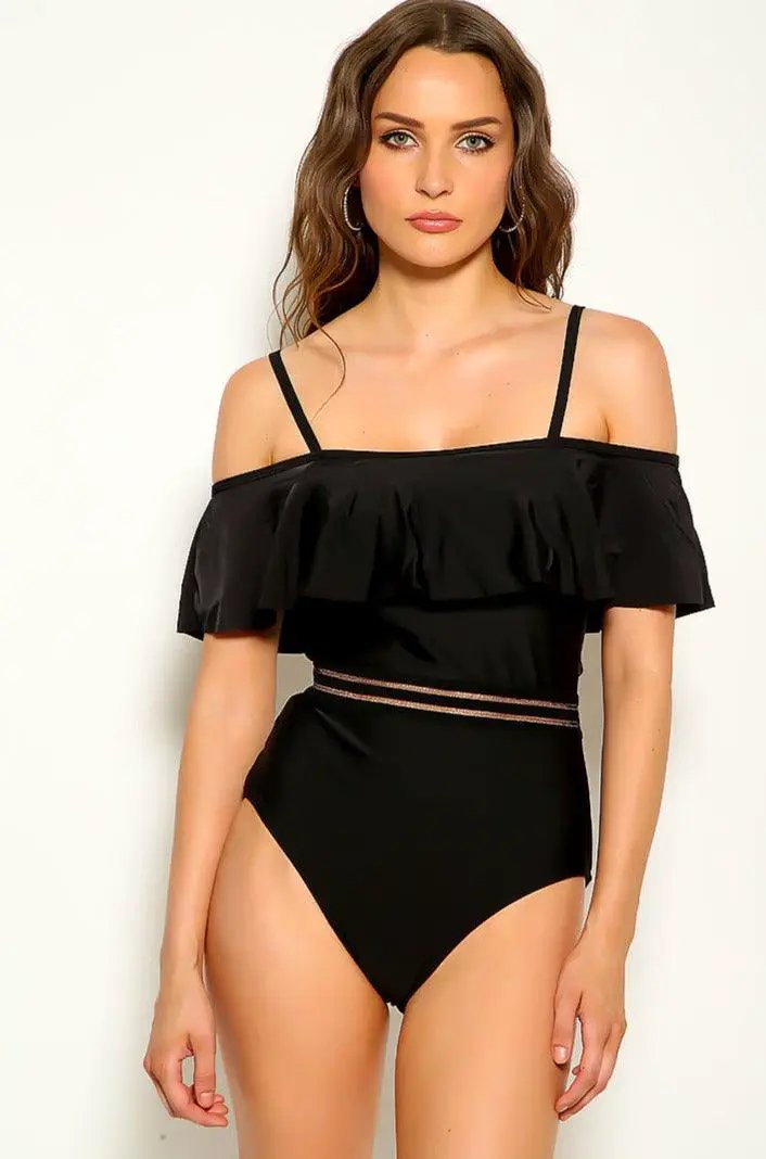 Black Ruffled Short Sleeve Sexy One Piece Monokini
