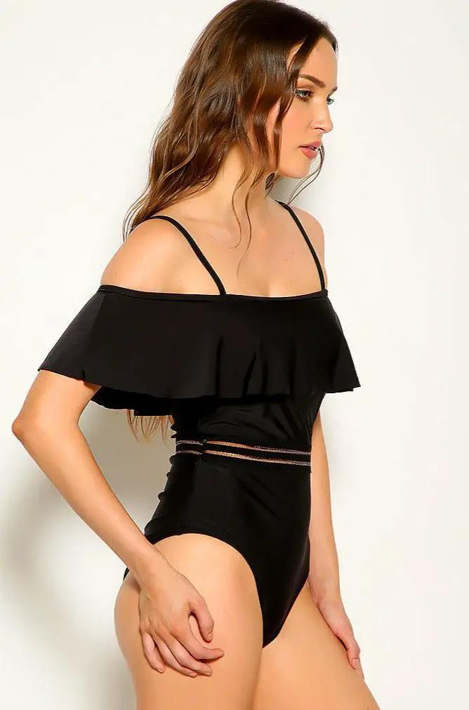 Black Ruffled Short Sleeve Sexy One Piece Monokini