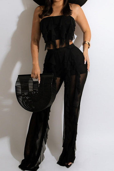 Black Ruffled Strapless Sexy Two Piece Outfit - AMIClubwear