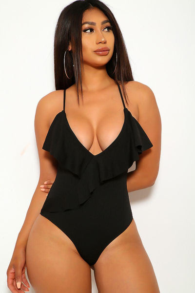 Black Ruffled V Cut One Piece Swimsuit - AMIClubwear