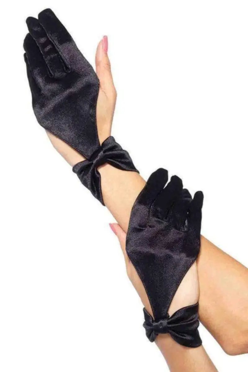 Black Satin Cut Out Bow Wrist Gloves