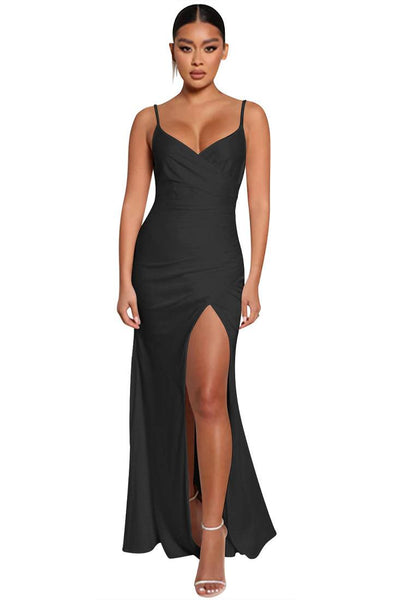 Black Satin High Slit Maxi Formal Party Dress - AMIClubwear