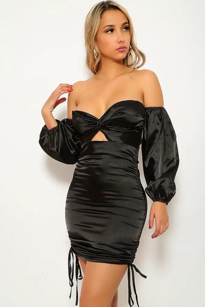 Black Satin Mid Sleeve Party Dress - AMIClubwear