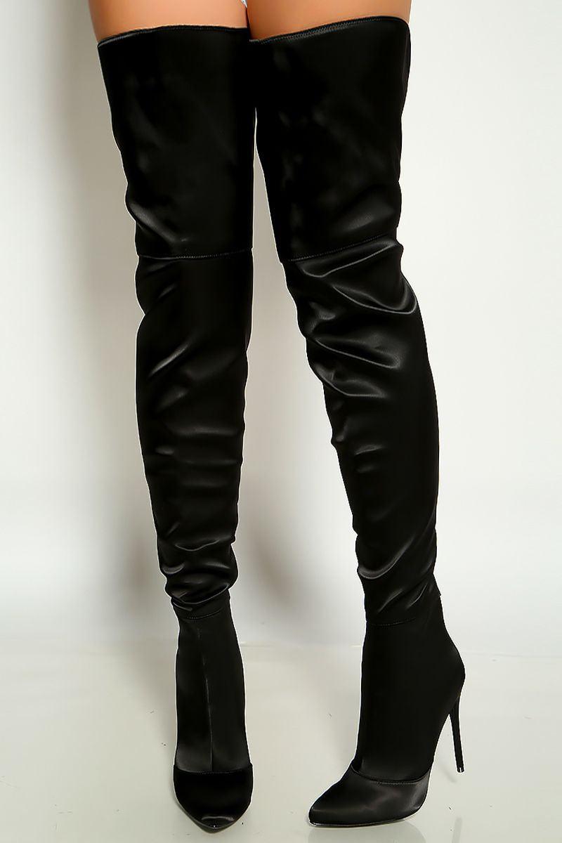 Black Satin Pointy Toe Single Sole Thigh High Boots - AMIClubwear