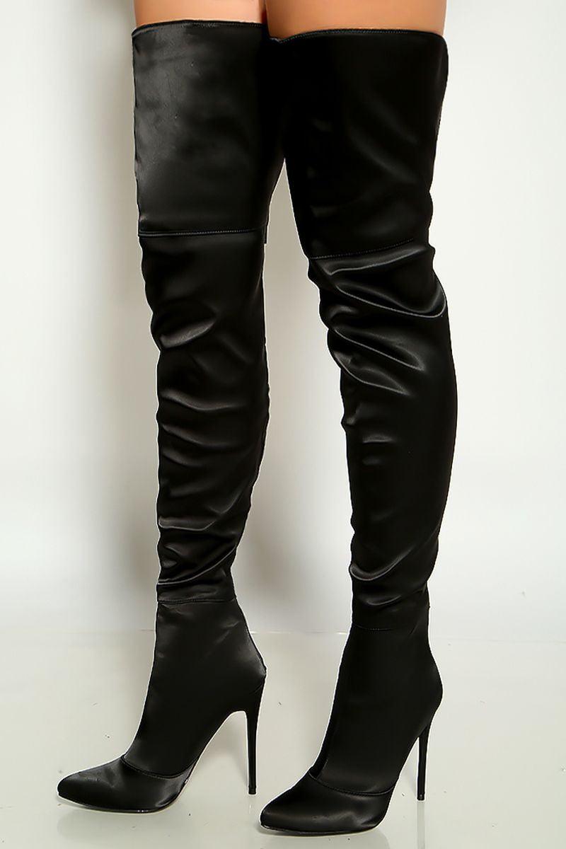 Black Satin Pointy Toe Single Sole Thigh High Boots - AMIClubwear