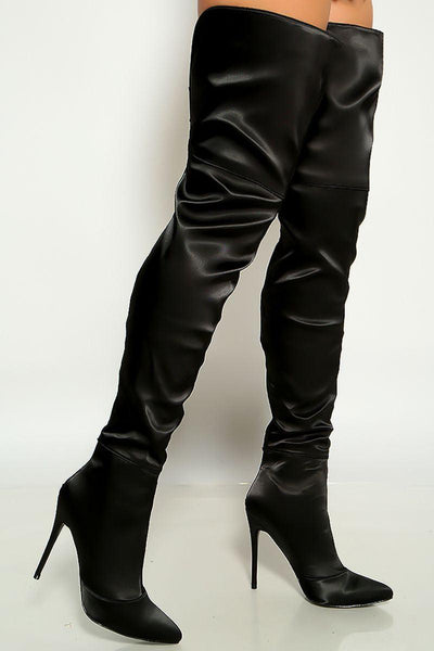 Black Satin Pointy Toe Single Sole Thigh High Boots - AMIClubwear