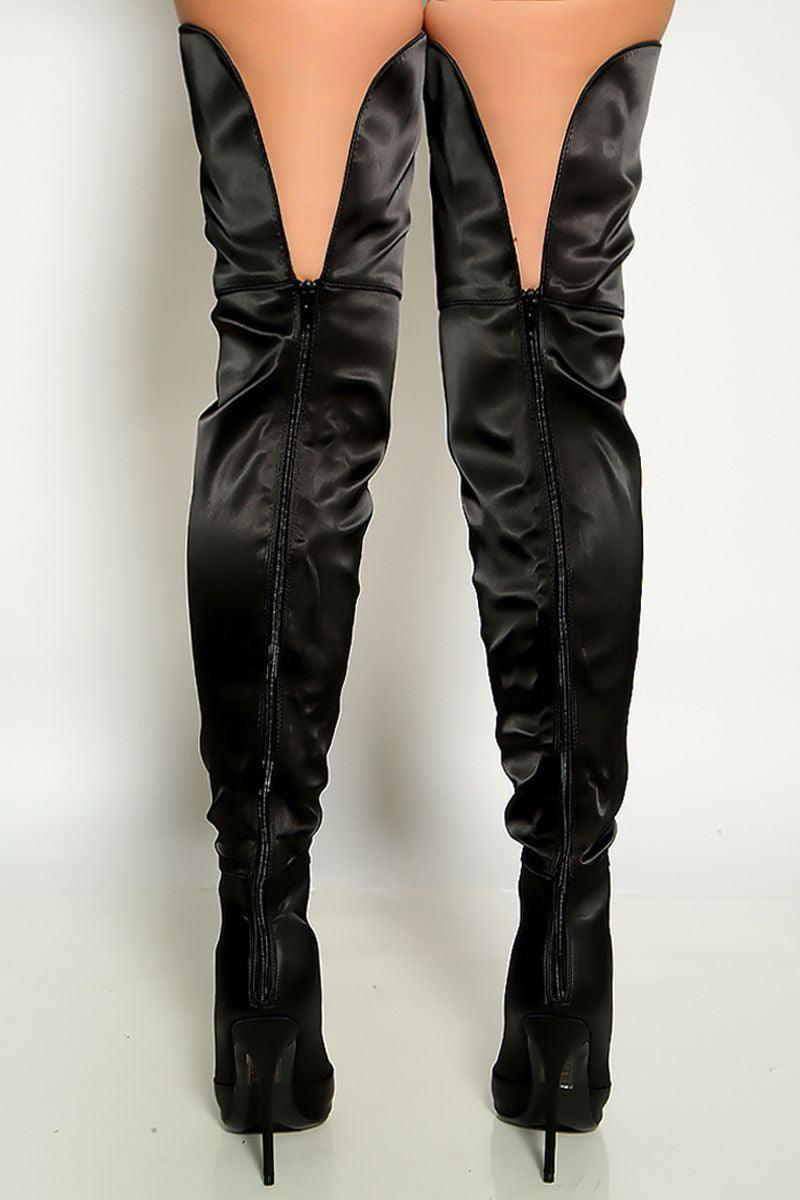 Black Satin Pointy Toe Single Sole Thigh High Boots - AMIClubwear