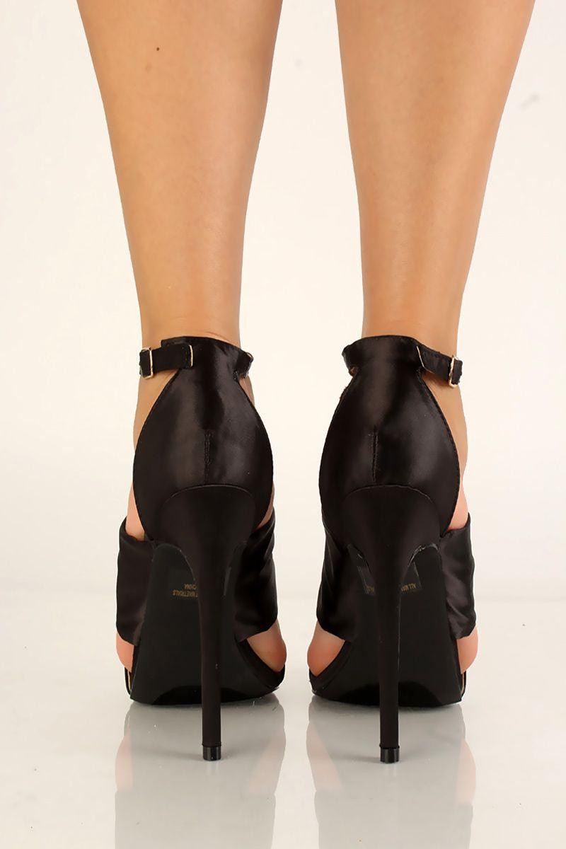 Black Satin Rhinestone Open Toe Heels - AMIClubwear