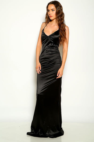 Black Satin Sleeveless Lace Up Maxi Party Dress - AMIClubwear