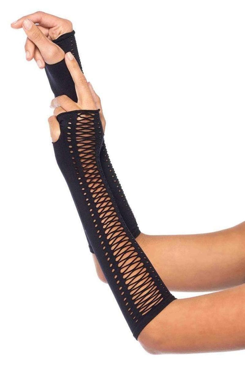 Black Seamless Opaque Lace Up Fingerless Gloves - AMIClubwear