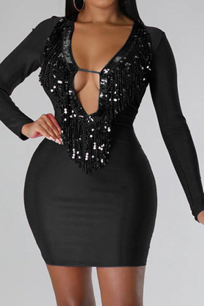 Black Sequin Fringe Plunge Neckline Sexy Party Dress - AMIClubwear