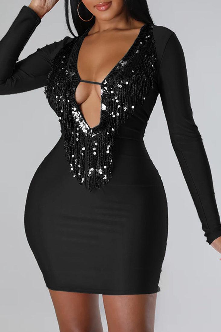 Black Sequin Fringe Plunge Neckline Sexy Party Dress - AMIClubwear