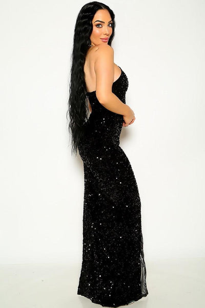 Black Sequin Halter High Slit Sexy Maxi Party Dress - AMIClubwear
