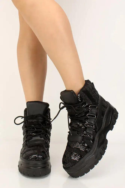 Black Sequin Platform Sneakers - AMIClubwear