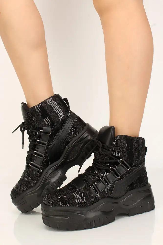 Black Sequin Platform Sneakers - AMIClubwear