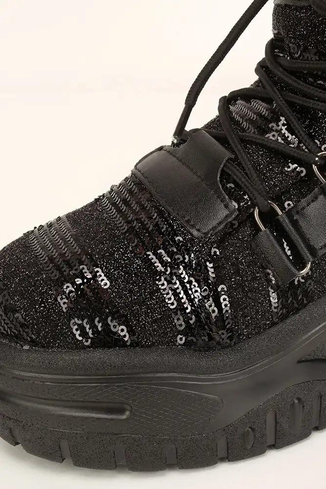 Black Sequin Platform Sneakers - AMIClubwear