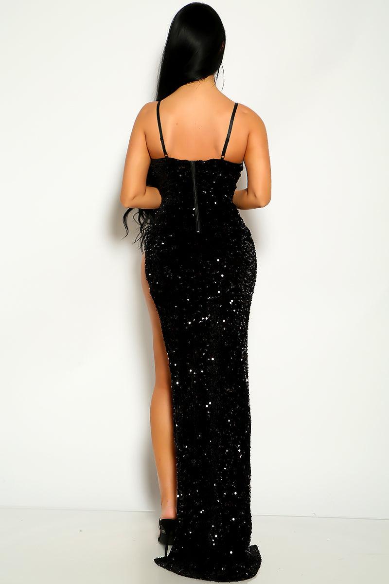 Black Sequin Velvet High Slit Maxi Party Dress - AMIClubwear