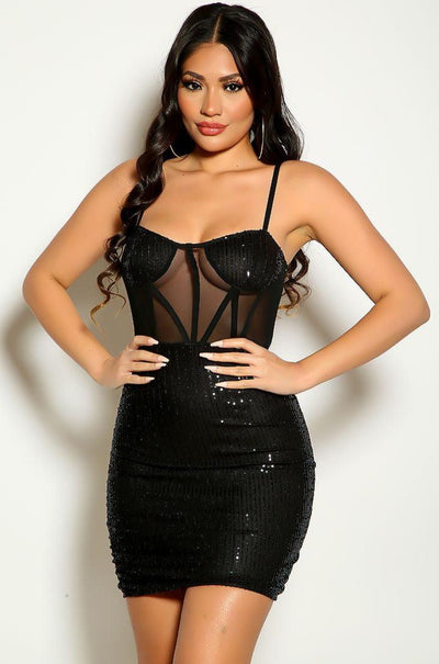 Black Sequins Mesh Corset Piping Party Dress - AMIClubwear