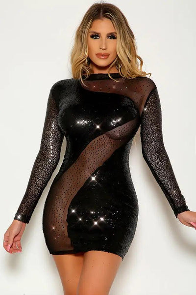 Black Sequins Mesh Rhinestone Detail Party Dress - AMIClubwear