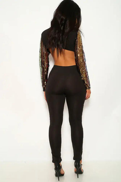 Black Sequins Strappy Long Sleeve Jumpsuit - AMIClubwear