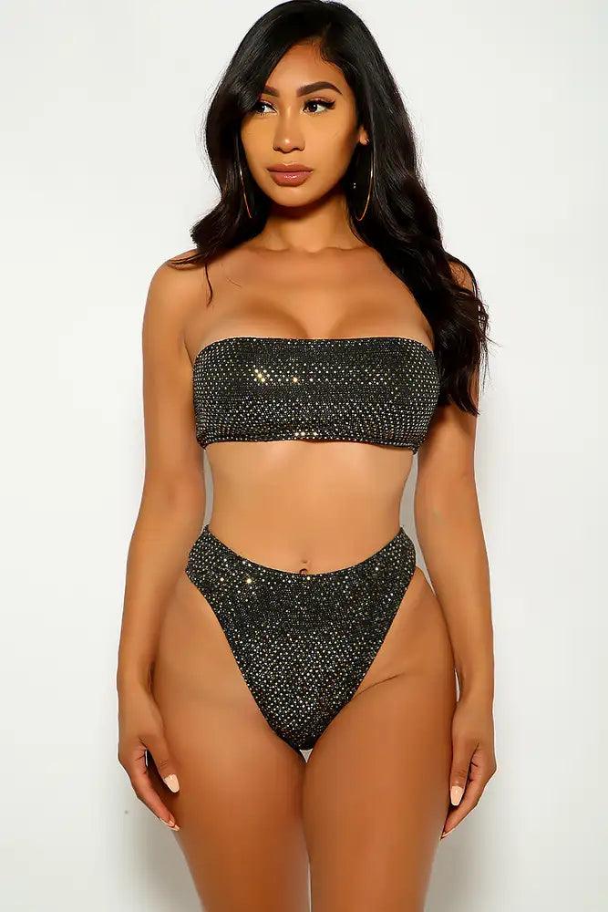 Black Sequins Tube Top Two Piece Swimsuit - AMIClubwear